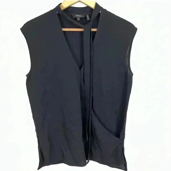 Theory Black Silk Faux Wrap Blouse Top Sleeveless Women Size S - Picture 2 of 5